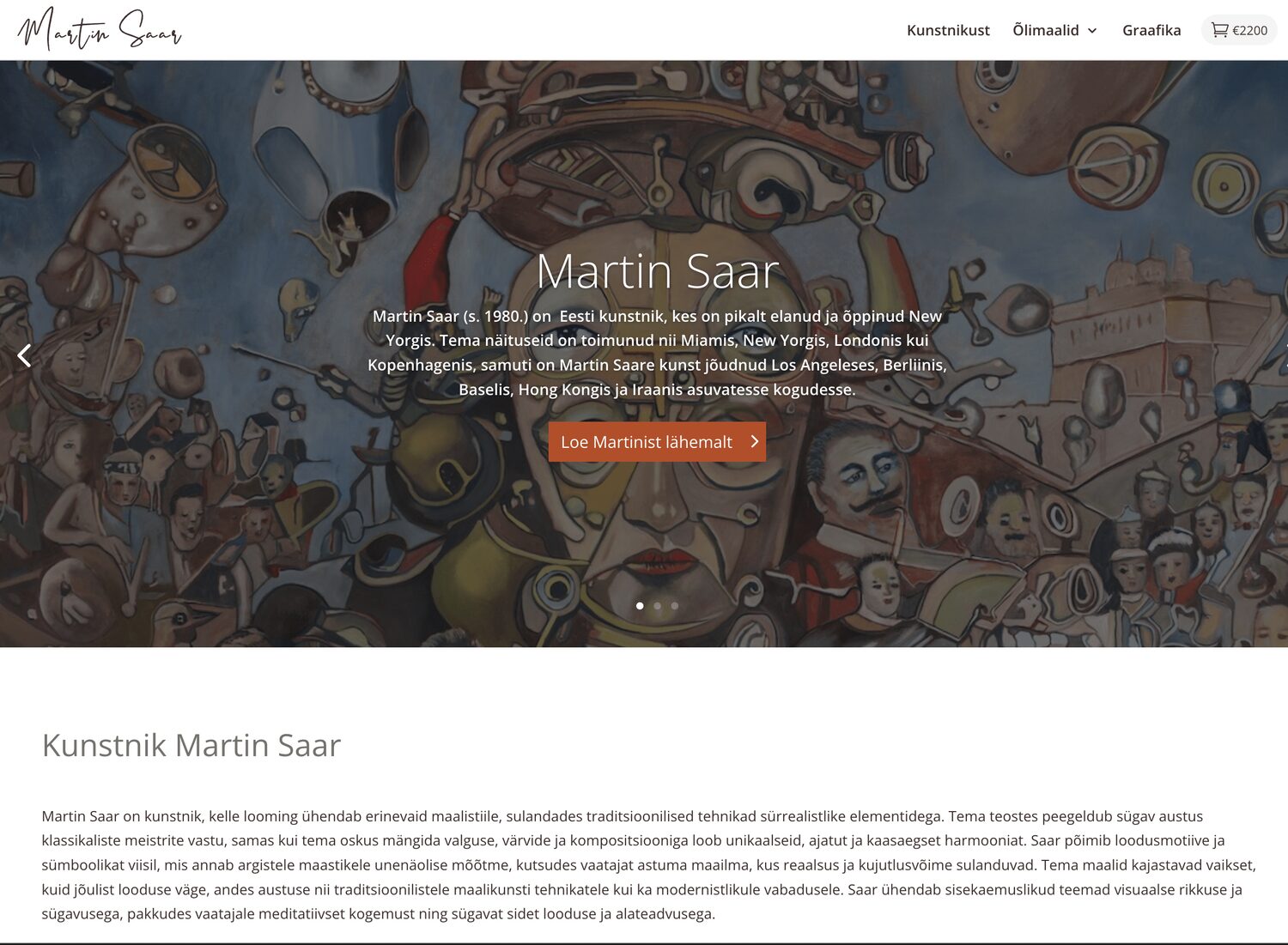Martin Saar 1 Martin Saare koduleht - teos täisekraanil nagu galeriiseinal, vaikne ostukorv nurgas