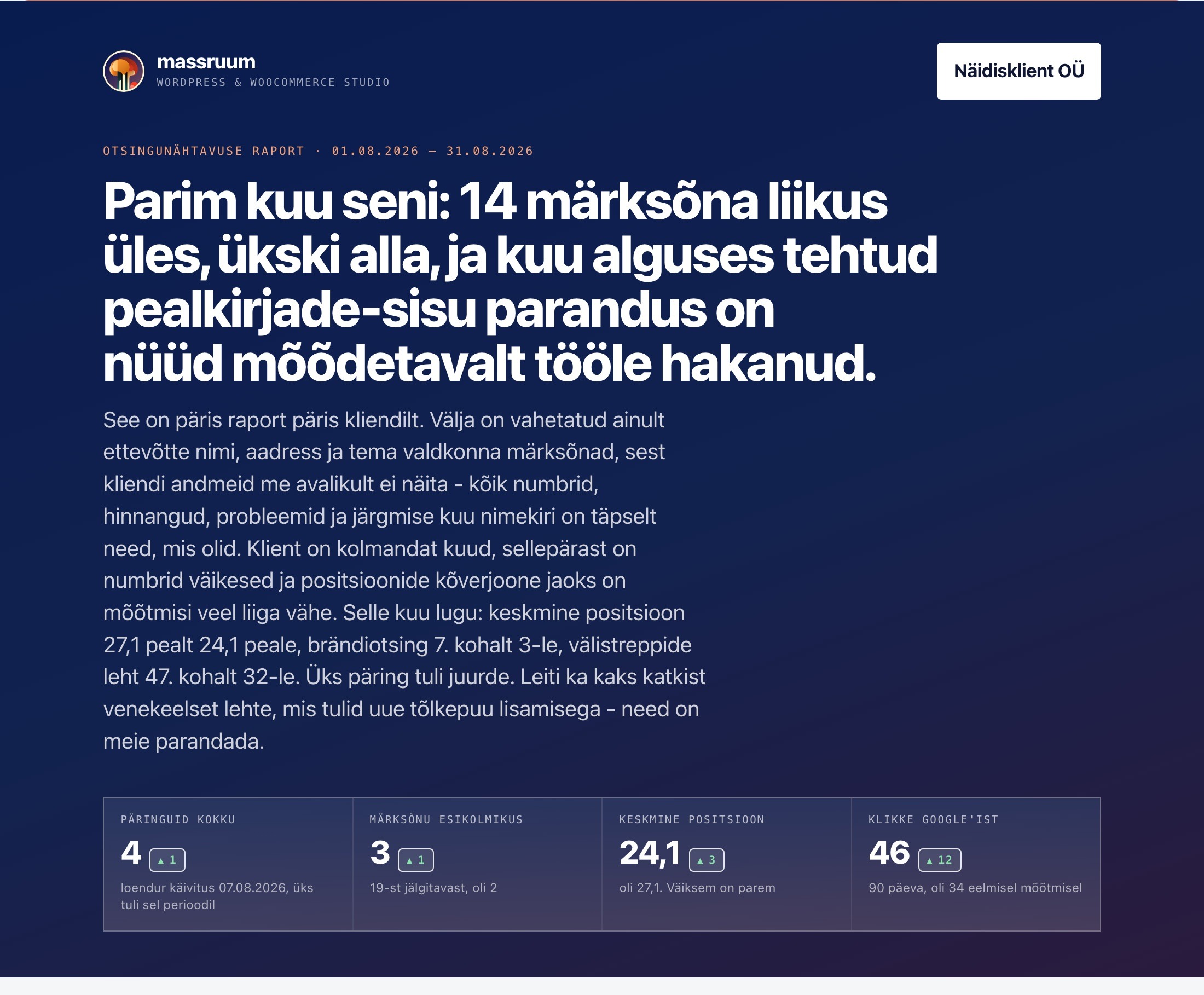SEO raporti algus: kuu kokkuvõte ühe lausega ja neli põhinäitajat - päringud, märksõnad esikolmikus, keskmine positsioon ja klikid Google'ist.