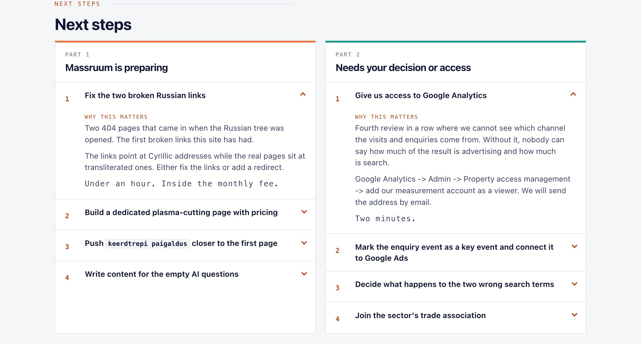 Monthly SEO service: visibility in Google and in AI answers 6 The closing section: two columns of next steps - what Massruum does, and what needs the client's decision or access.